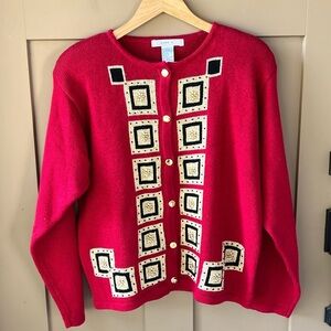 Vintage Lise J Women L Ramie Blend Red Black Gold Cardigan Classic Quiet Luxury